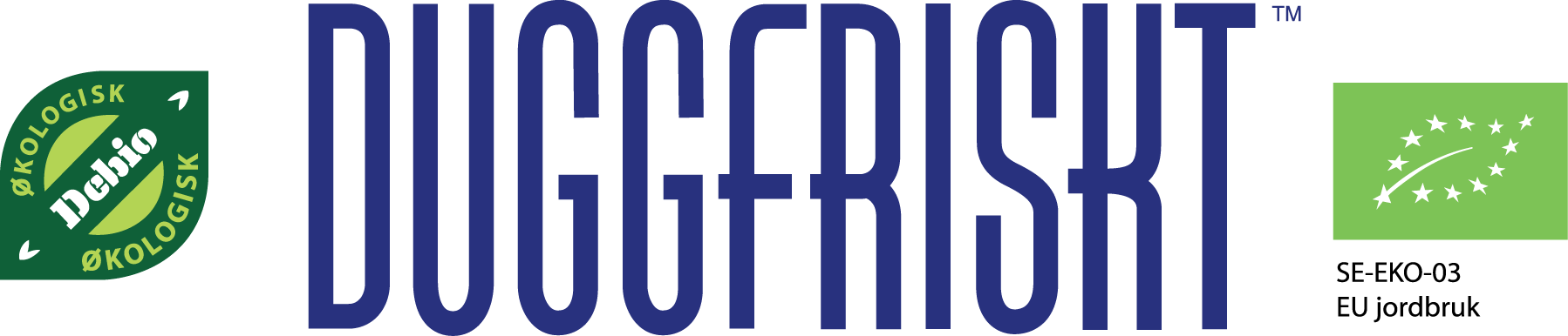 Duggfriskt logo farge blå med Debio og EU jordbruk